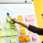 profile of businesswoman standing near white flipchart, pointing at words over sticky notes