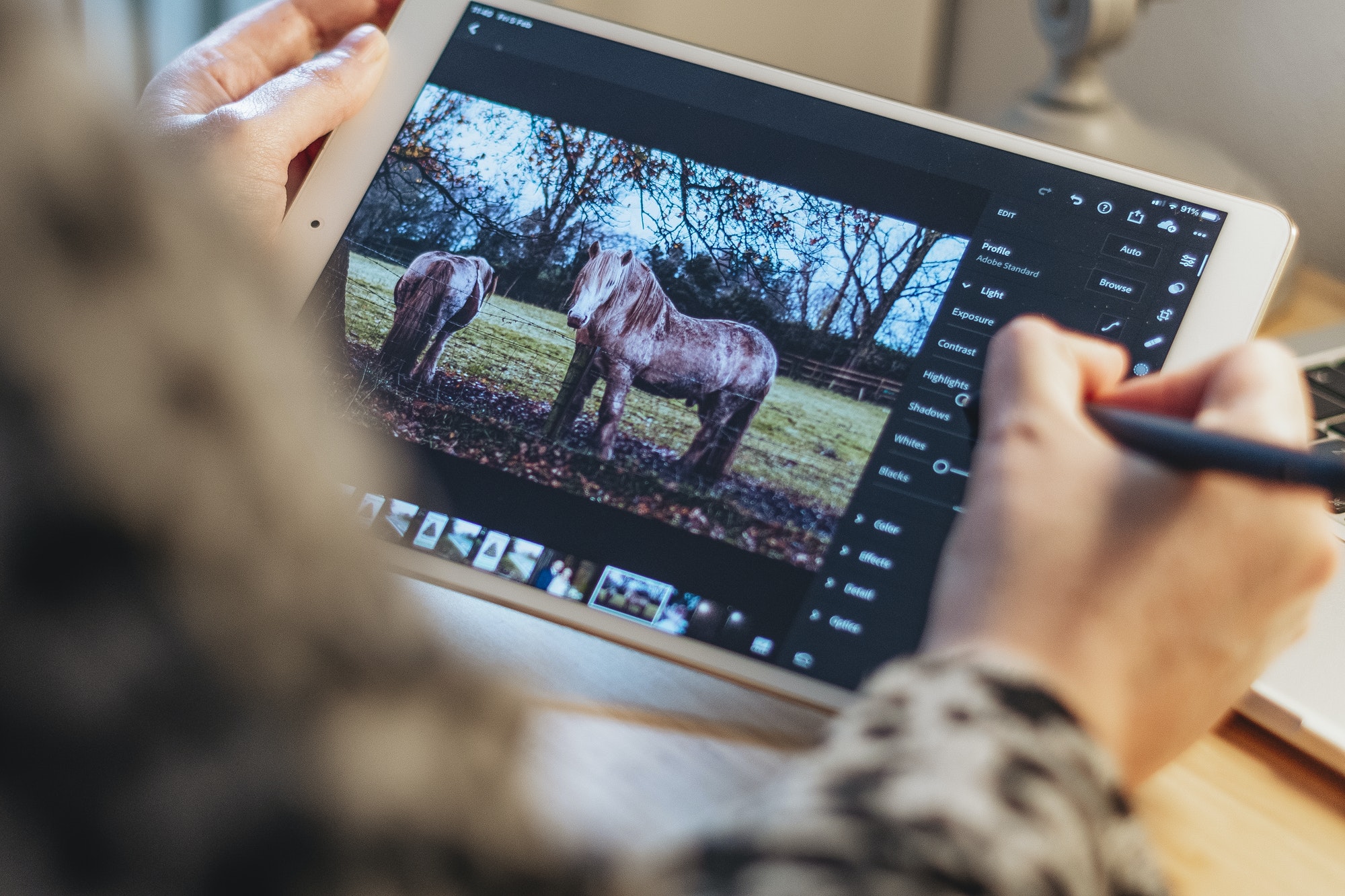 A woman editing a photo in lightroom with an iPad Pro device and an Apple Pencil